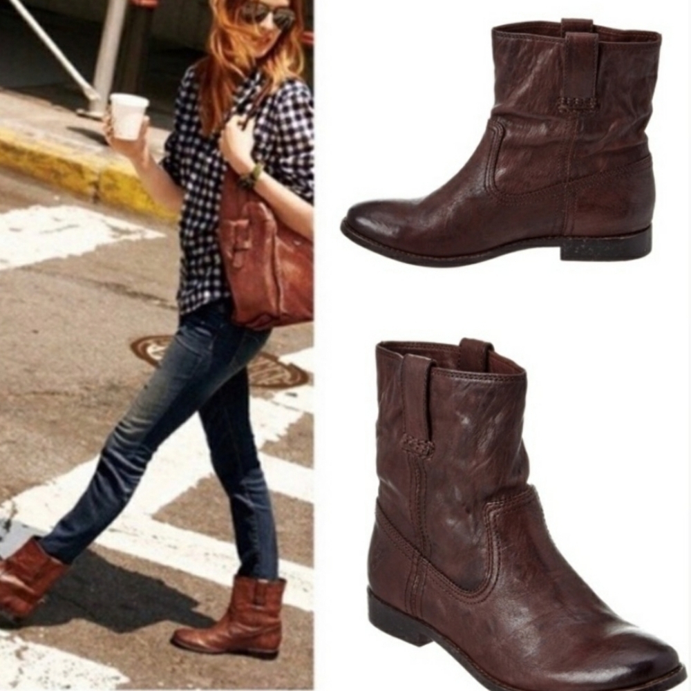 Frye Dark Brown Anna Shortie Leather Distressed Pull On Ankle Boots 7.5
